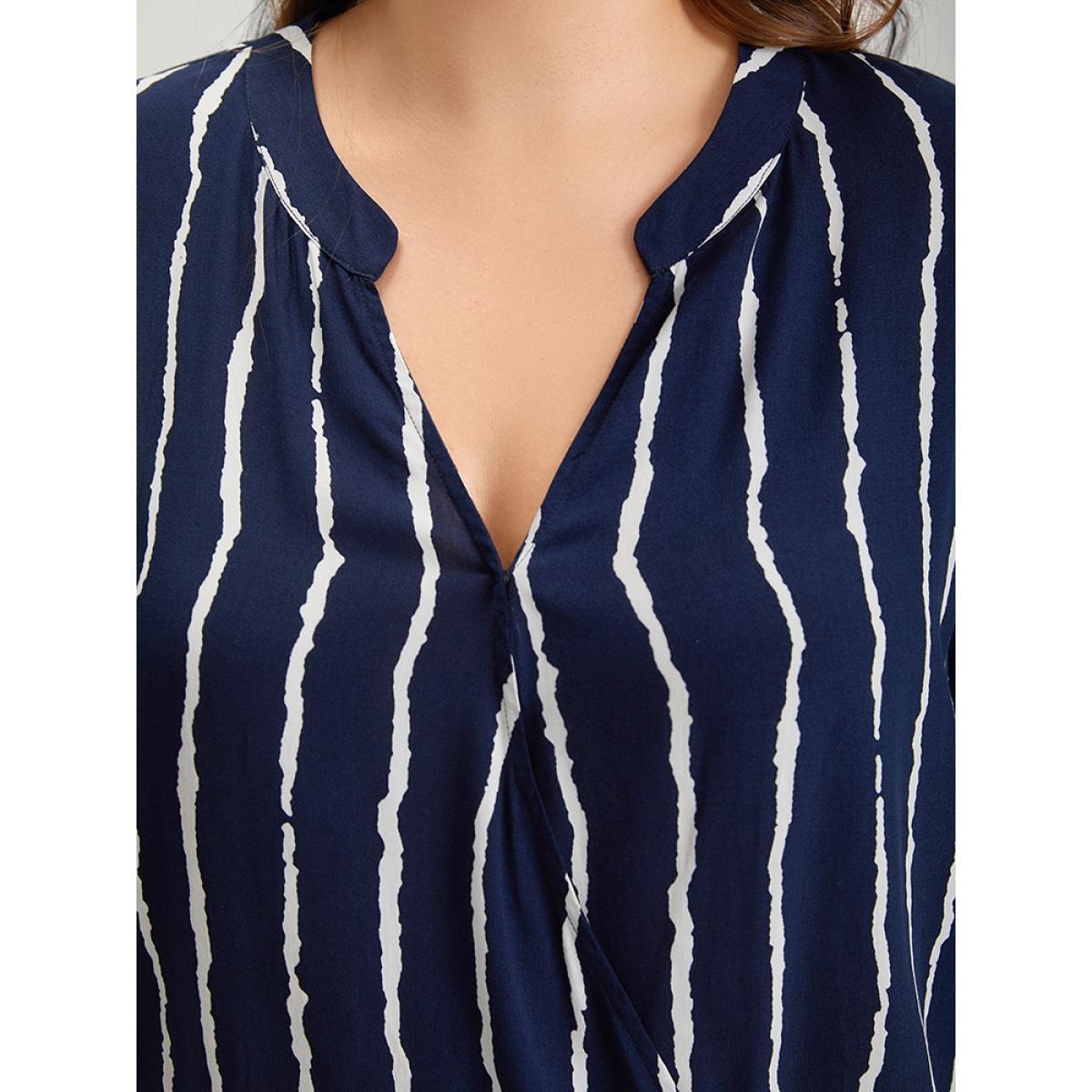 Plus Size Multicolor Striped Notched Three Quater Length Sleeve Blouse Women Office Elbow-length sleeve Notched collar Work Blouses BloomChic 12/L Product Image