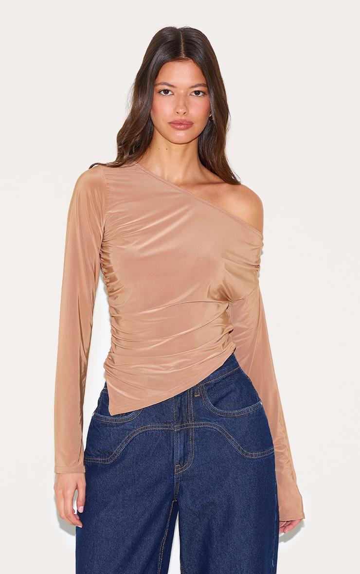 Tan Soft Touch Asymmetric Ruched Long Sleeve Top Product Image