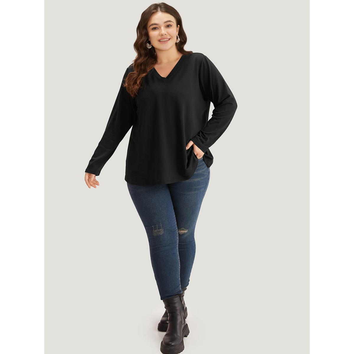 Plus Size Plain V Neck Back Half Zip Sweatshirt Women Black Casual Plain V-neck Dailywear Sweatshirts BloomChic 18-20/2X Product Image