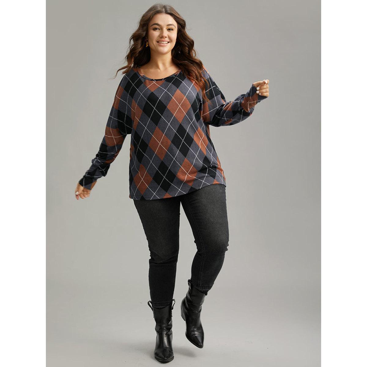 Plus Size Plaid Contrast Round Neck Dolman Sleeve T-shirt Multicolor Women Casual Contrast Plaid Round Neck Festival-Christmas T-shirts BloomChic 30/6X Product Image
