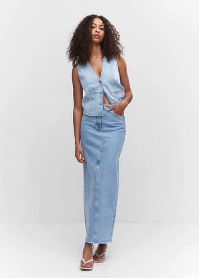 Mango raw hem detail denim maxi skirt Product Image