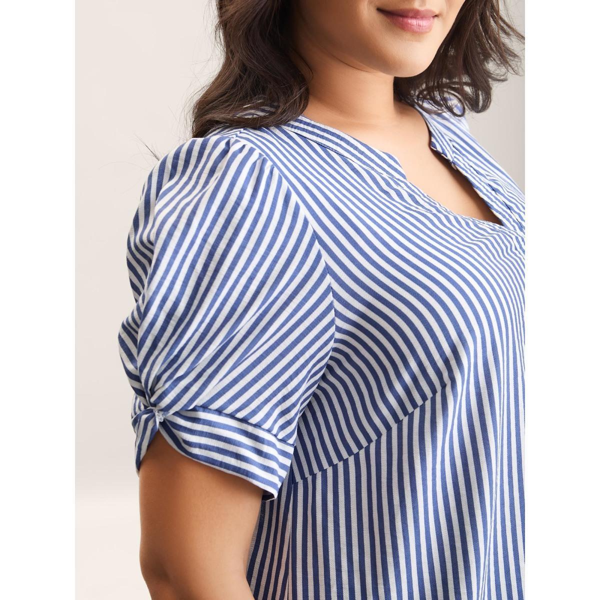 Plus Size DarkBlue Stripes Knotted Sleeve Notched Collar Blouse Women Short sleeve Notched collar Work Blouses BloomChic 22-24/3X Product Image