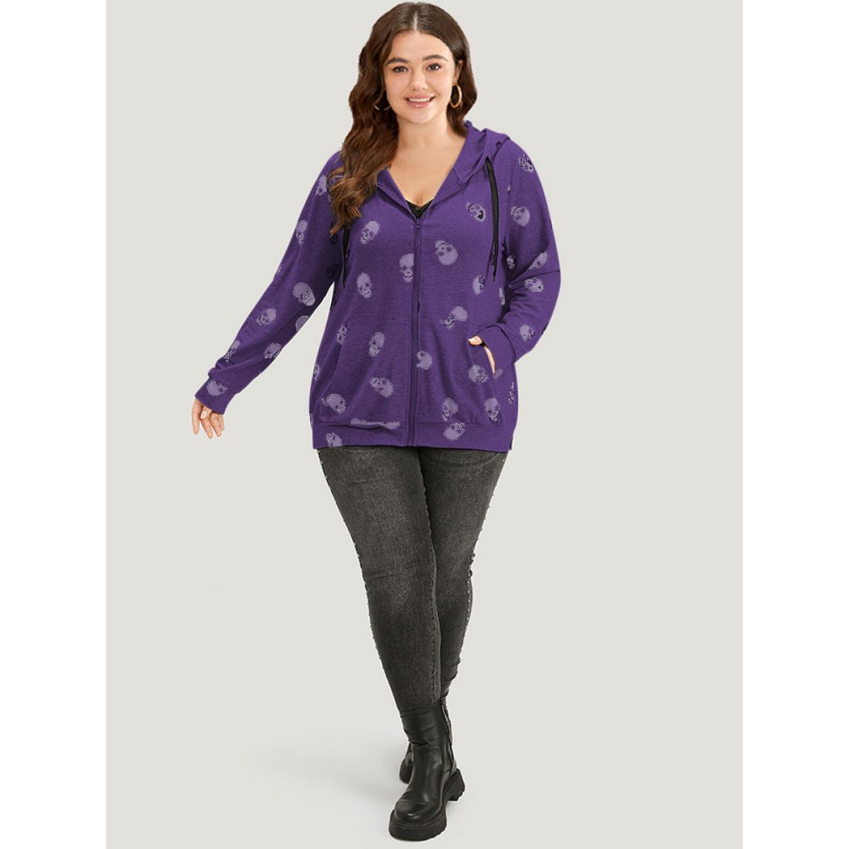 Plus Size Halloween Skull Print Pocket Zipper Hooded Sweatshirt Women Purple Casual Elastic cuffs Hooded Festival-Halloween Sweatshirts BloomChic 22-24/3X Product Image