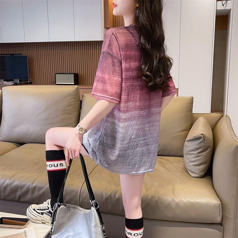 Elbow-Sleeve Round Neck Striped Tee Product Image