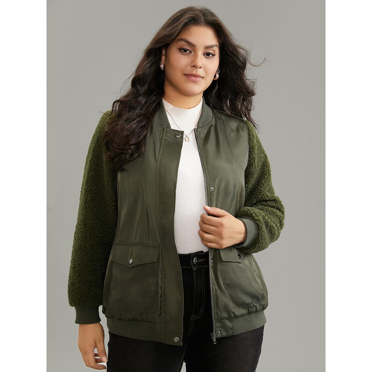 Plus Size Plain Fuzzy Patchwork Zipper Flap Pocket Jacket Women ArmyGreen Rib Knit Pocket Dailywear Jackets BloomChic 26/4X Product Image