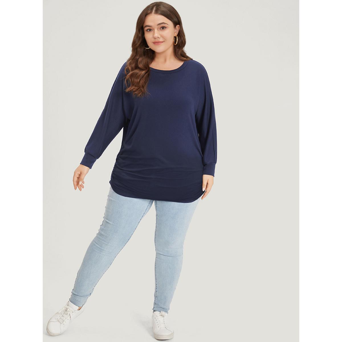 Plus Size Supersoft Essentials Plain Crew Neck Dolman Sleeve Sweatshirt Women Indigo Casual Elastic cuffs Round Neck Everyday Sweatshirts BloomChic 12/L Product Image