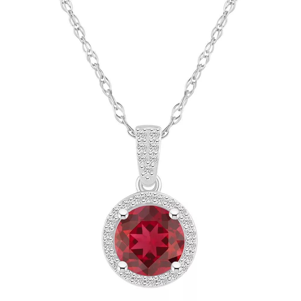 Celebration Gems 10k White Gold Round Gemstone & Lab-Created White Sapphire Halo Pendant Necklace, Women's, Size: 18", Created Red Product Image