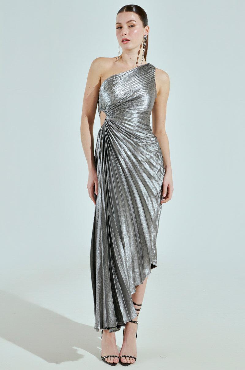 A LITTLE PARTY PLEATED MIDI DRESS IN SILVER Product Image