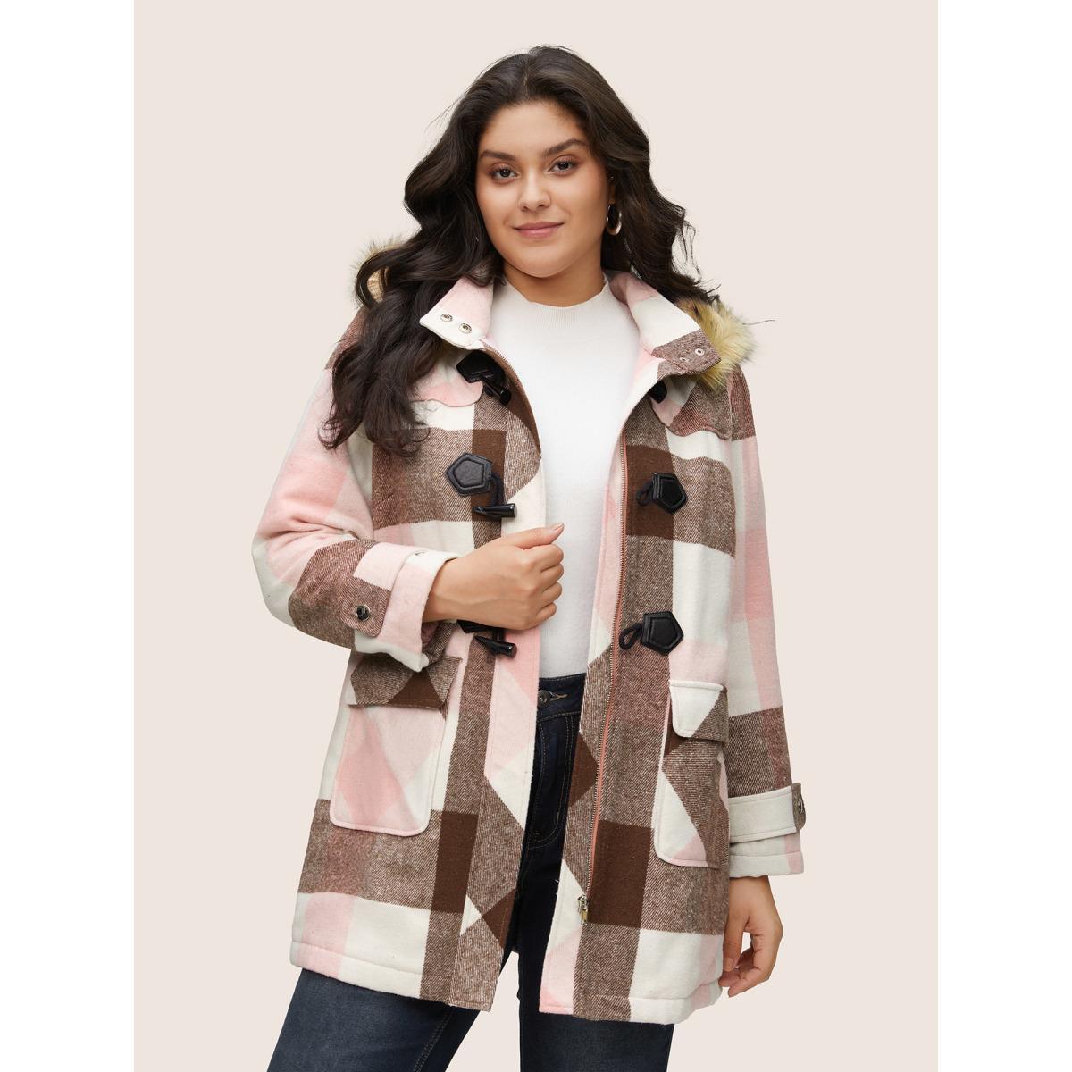 Plus Size Colorblock Contrast Fuzzy Trim Duffle Button Coat Women DustyPink Casual Lined Ladies Dailywear Winter Coats BloomChic 28/5X Product Image