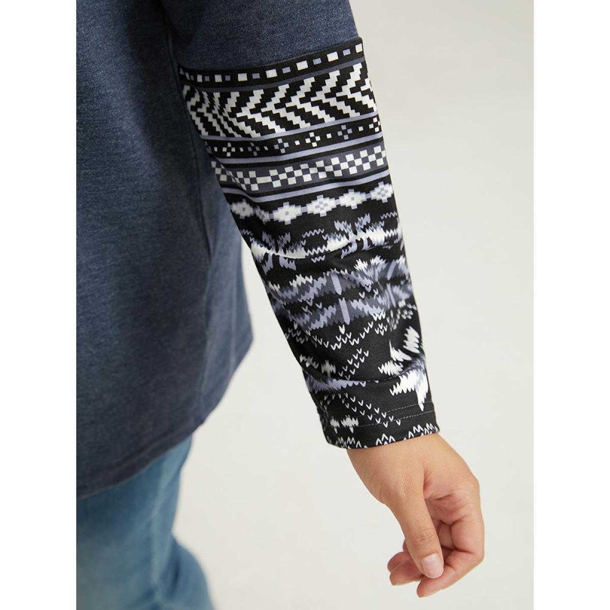 Plus Size Boho Print Round Neck Gathered T-shirt Blue Women Casual Patchwork Bohemian Print Round Neck Dailywear T-shirts BloomChic 22-24/3X Product Image