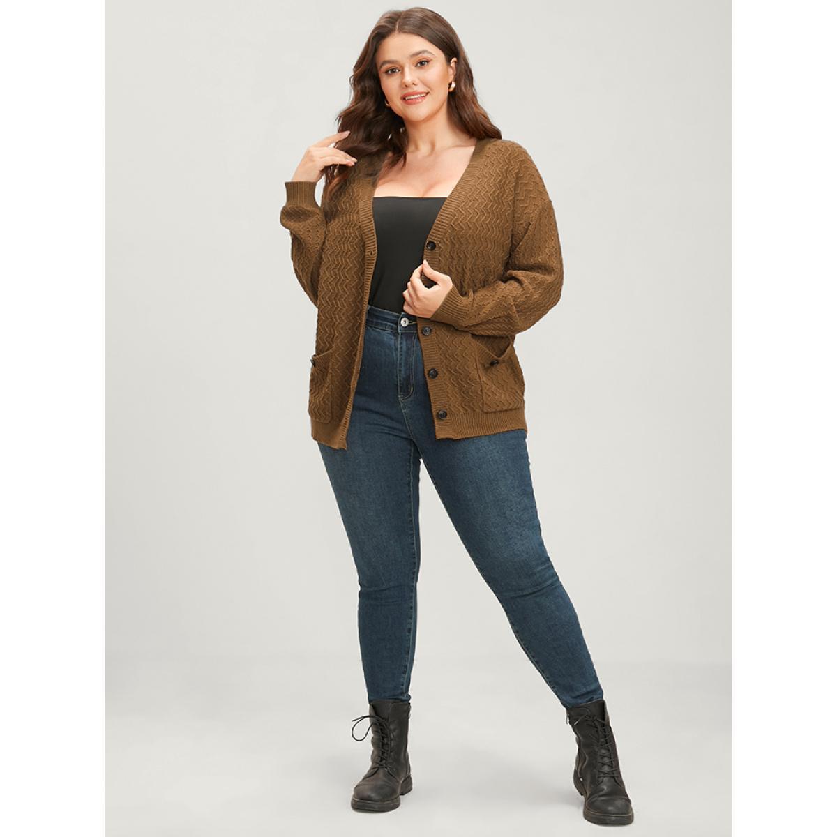 Plus Size Plain Pointelle Knit Geometric Crochet Pocket Button Front Cardigan Bronze Women Casual Loose Long Sleeve Dailywear Cardigans BloomChic 12/L Product Image