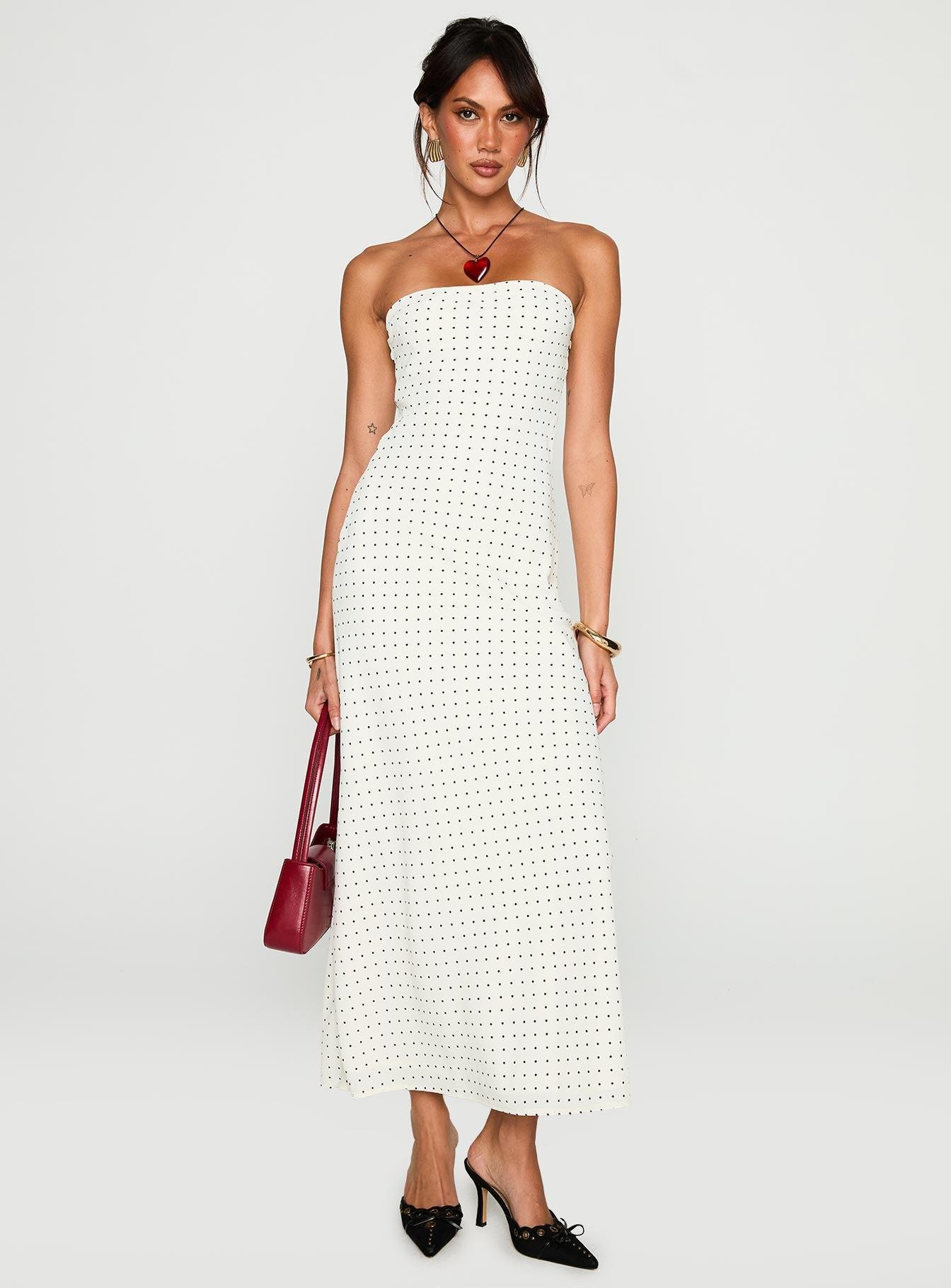 Just For Fun Strapless Maxi Dress White Polka Dot Product Image