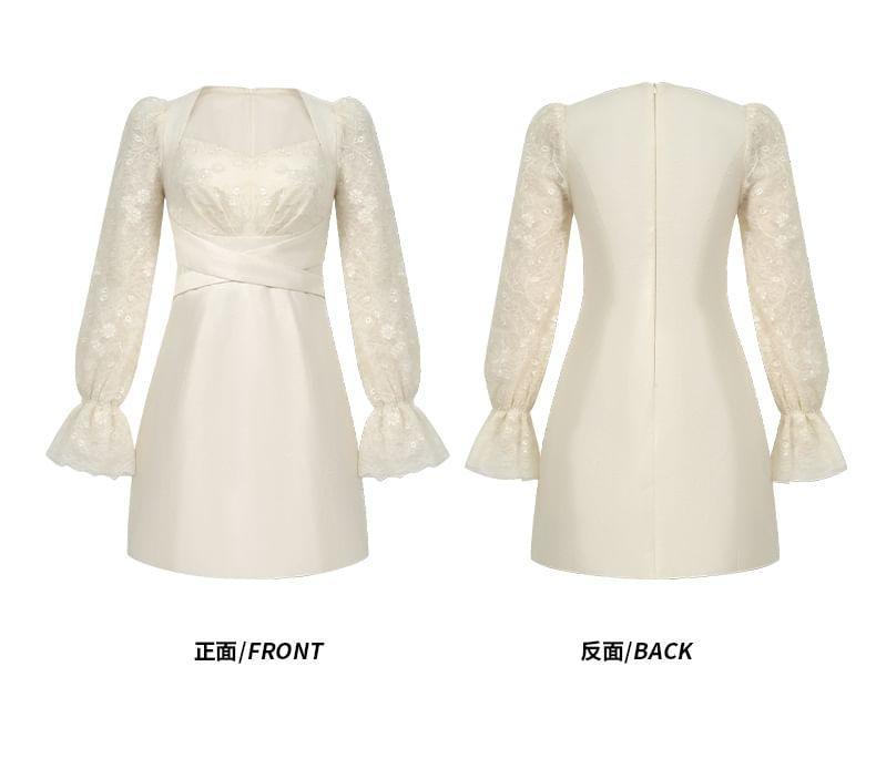 Long-Sleeve Lace Panel Mini A-Line Dress Product Image