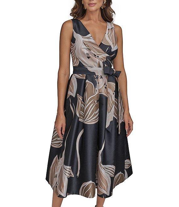 Donna Karan Sleeveless V-Neck Floral A-Line Dress Product Image