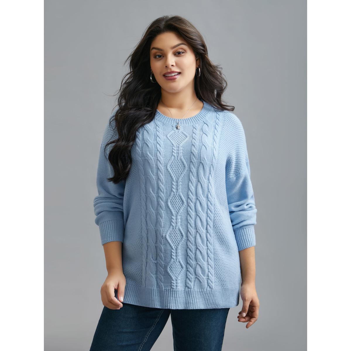 Plus Size Solid Round Neck Plisse Cable Knit Pullover LightBlue Women Casual Loose Long Sleeve Round Neck Everyday Pullovers BloomChic 12/L Product Image