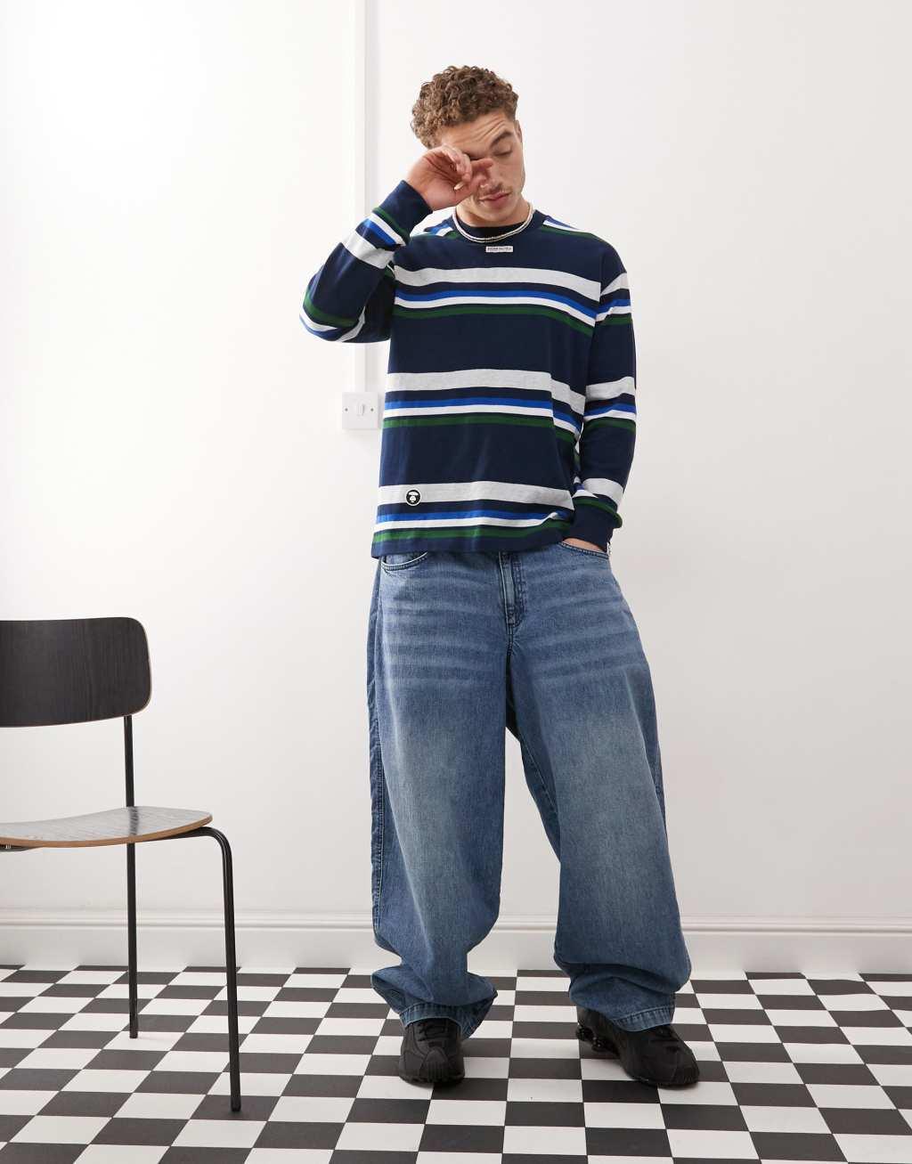 Aape By A Bathing Ape long sleeve stripe t-shirt in navy Product Image