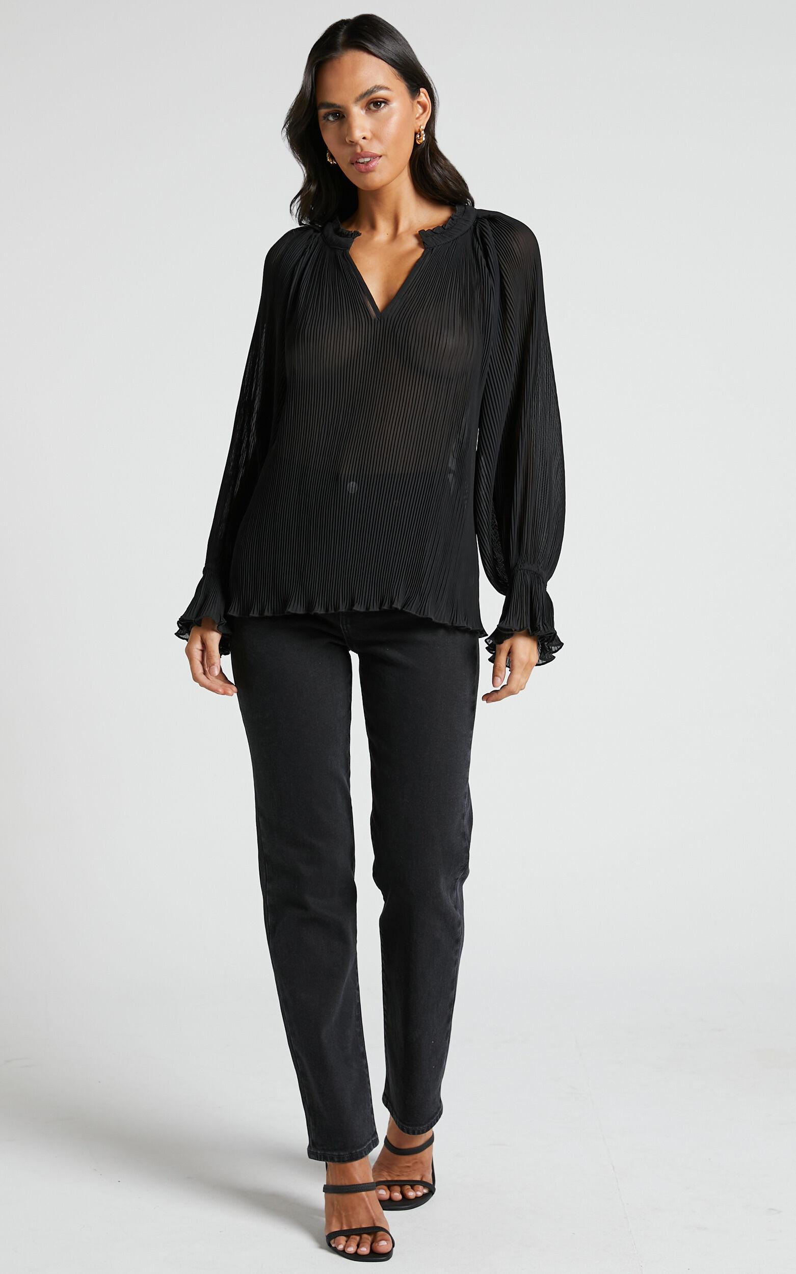 Kerray Top - V Neck Long Sleeve Pleated Top in Black Product Image