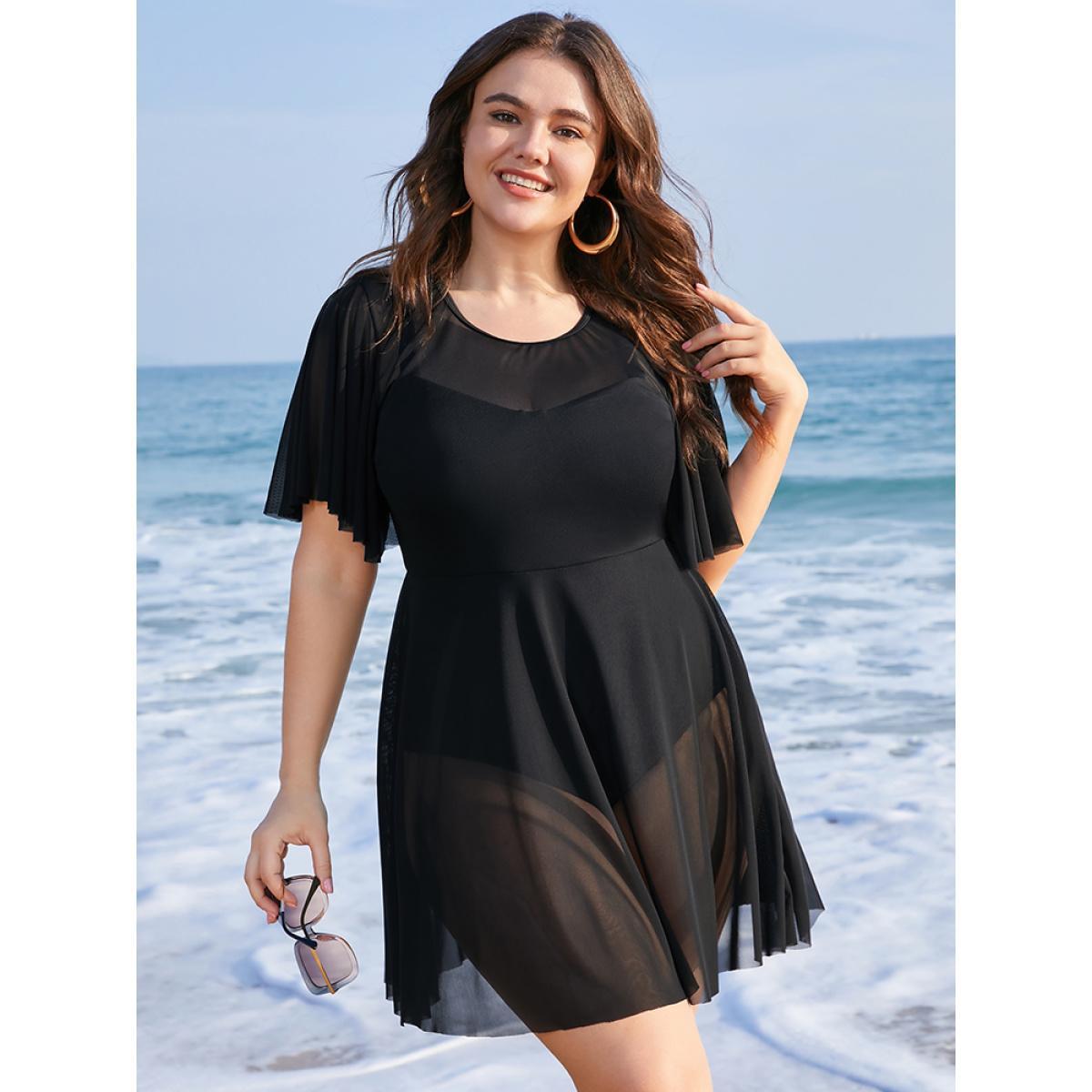 Plus Size Solid Mesh Patchwork Ruffle Sleeve Swim Dress Women's Swimwear Black Vacation Bodycon Round Neck High stretch Curve Swim Dresses BloomChic 18-20/2X Product Image