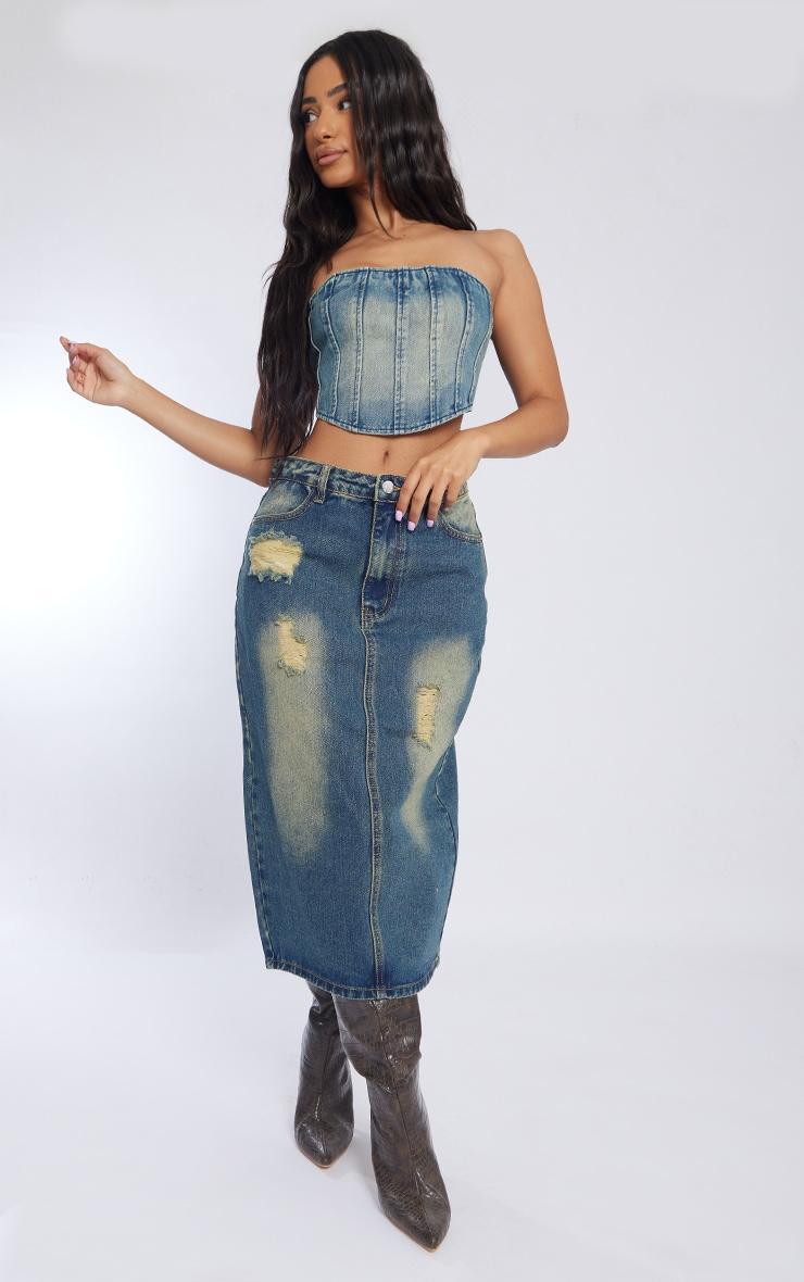 Petite Indigo Vintage Wash Seam Front Denim Corset Top Product Image