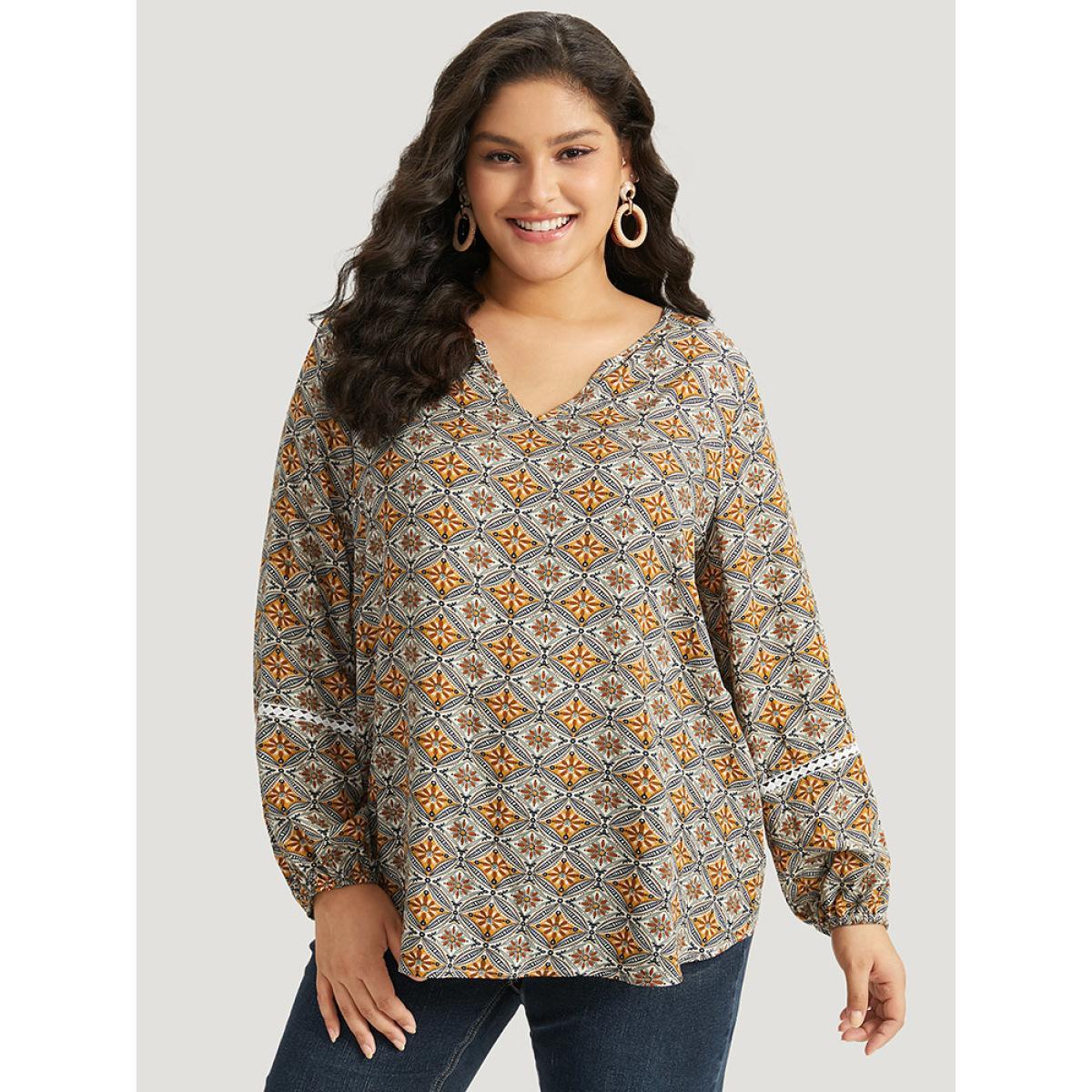 Plus Size Bronze Boho Print Notched Contrast Lace Blouse Women Vacation Long Sleeve Notched collar Dailywear Blouses BloomChic 22-24/3X Product Image