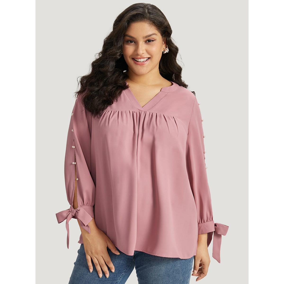 Plus Size DustyPink Plain Pleated Ties Beaded Notched Blouse Women Elegant Long Sleeve Notched collar Dailywear Blouses BloomChic 14-16/1X Product Image