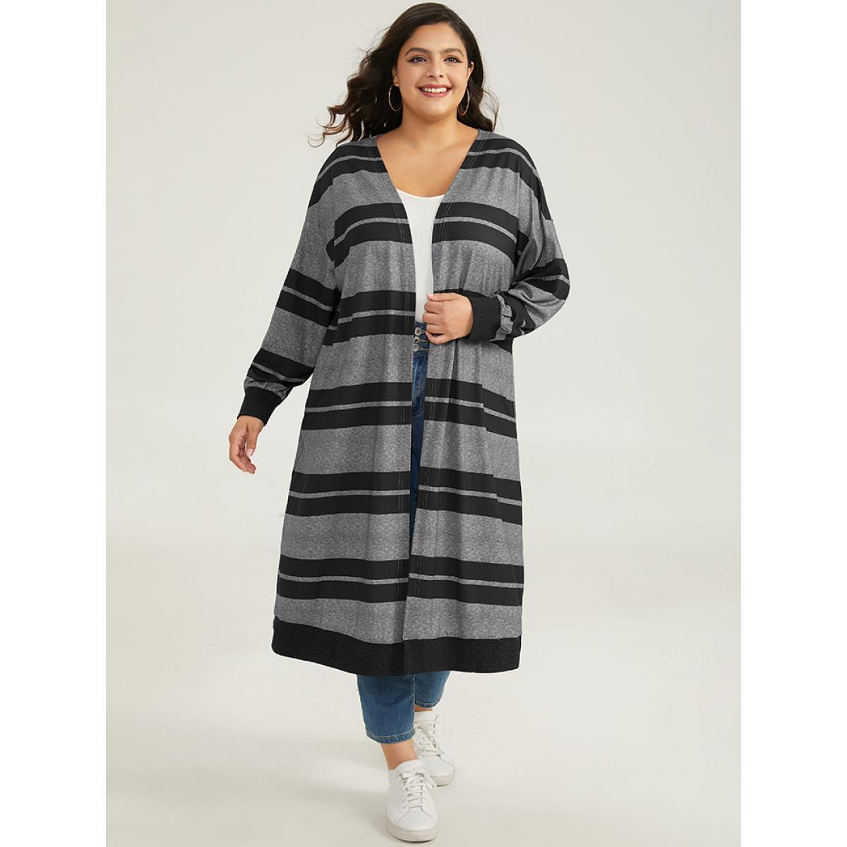 Plus Size Halloween Rib Knit Striped Pocket Contrast Kimono Women Black Casual Elastic cuffs Pocket Dailywear Kimonos BloomChic 26/4X Product Image