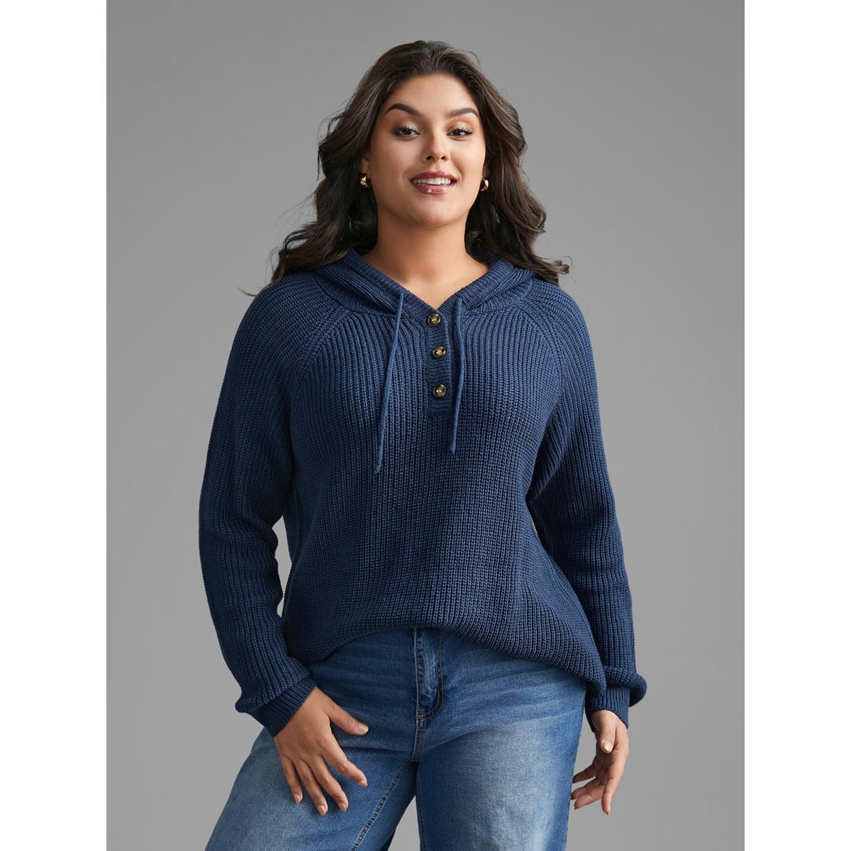Plus Size Plain Button Up Hooded Pullover Indigo Women Casual Loose Long Sleeve Hooded Everyday Pullovers BloomChic 22-24/3X Product Image