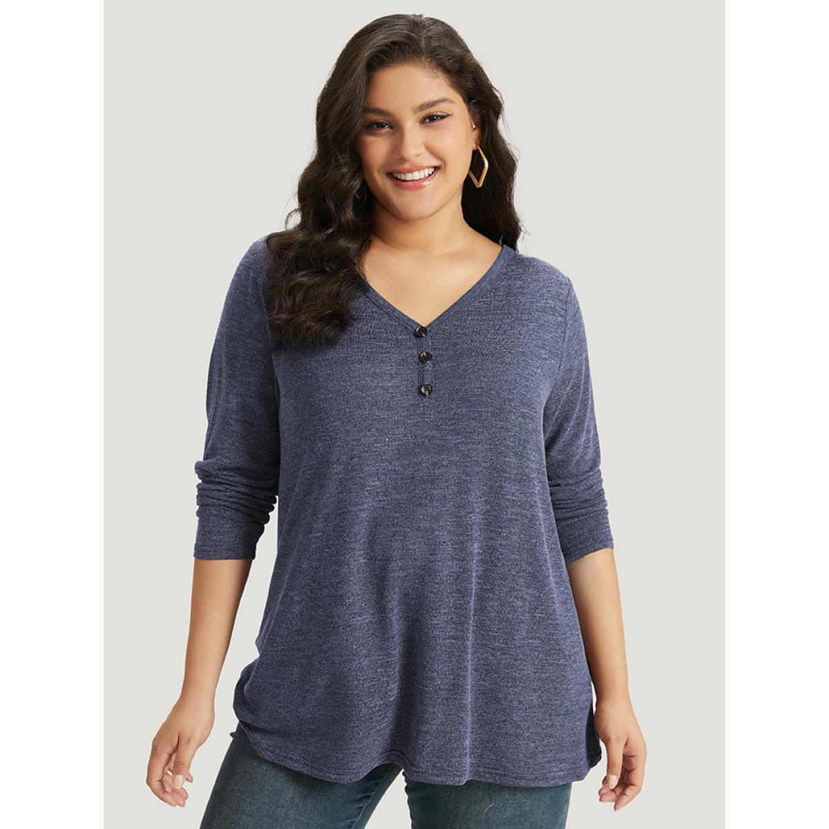 Plus Size Heather Button Up Long Sleeve T-shirt Blue Women Casual Heather Plain V-neck Everyday T-shirts BloomChic 28/5X Product Image