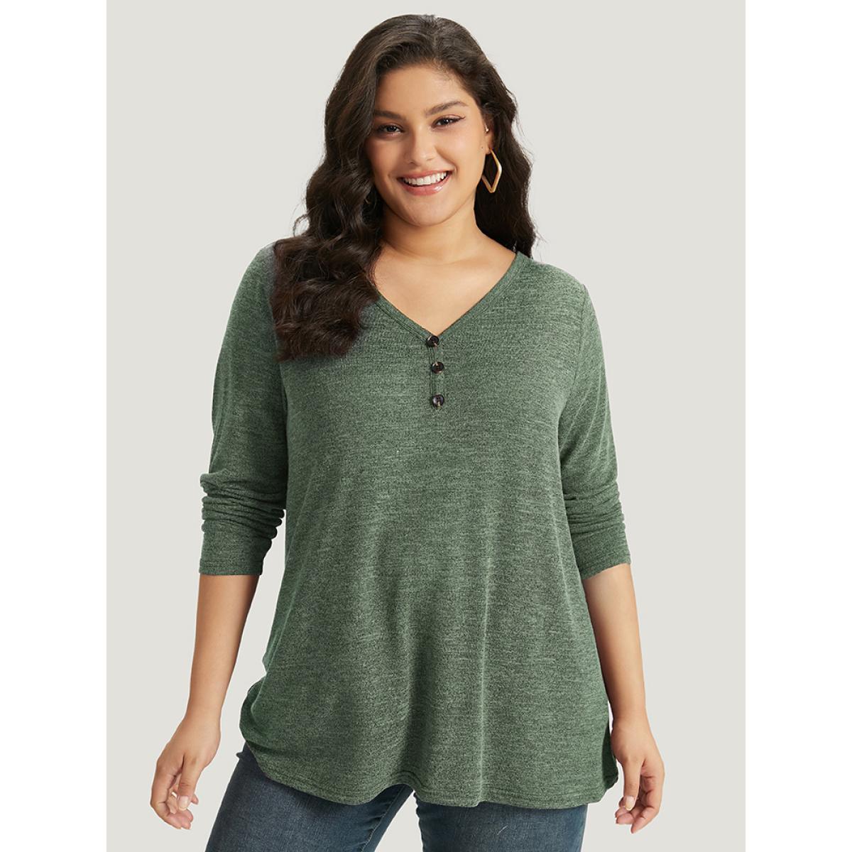 Plus Size Heather Button Up Long Sleeve T-shirt Emerald Women Casual Heather Plain Everyday T-shirts BloomChic 30/6X Product Image
