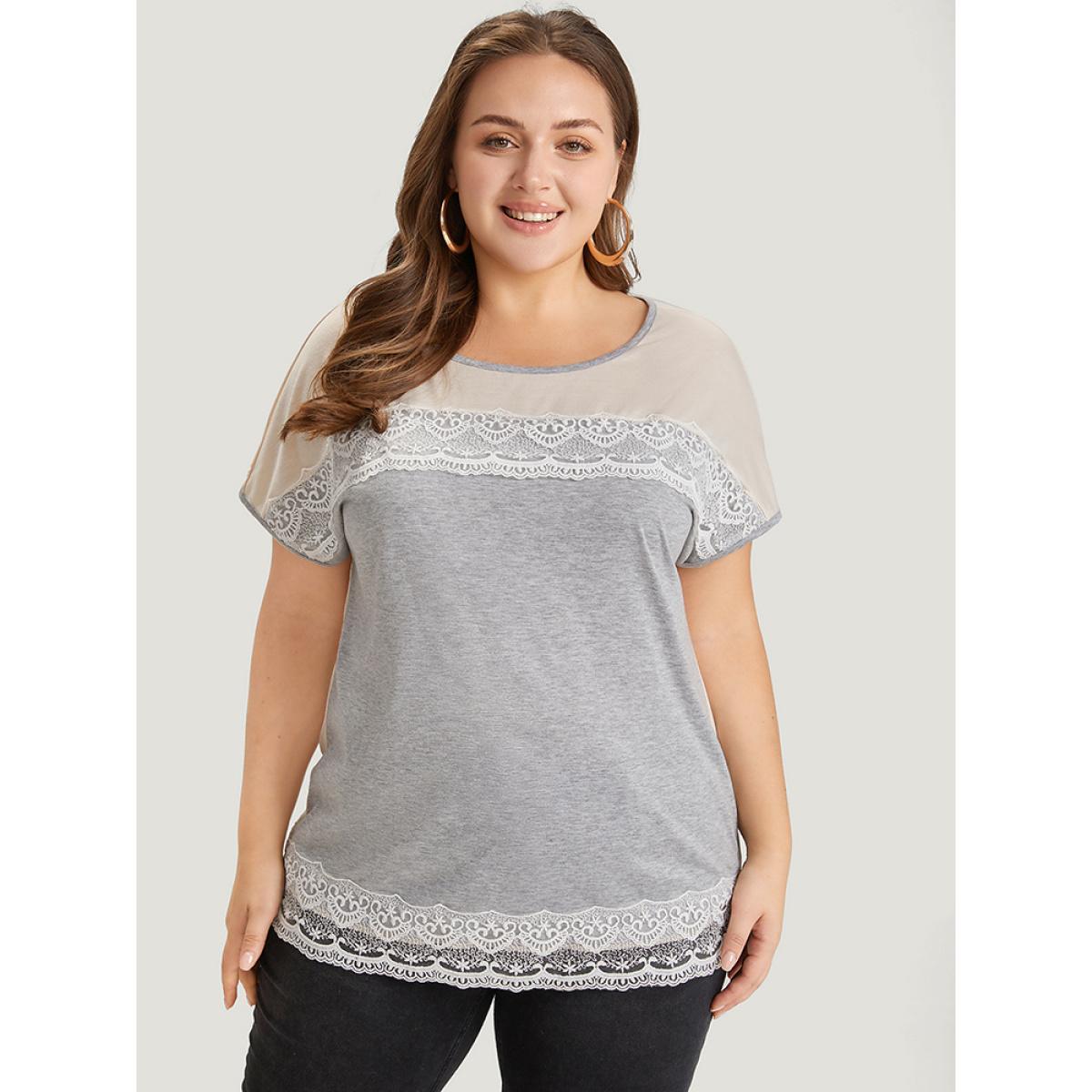Plus Size Lace Panel Contrast Batwing Sleeve T-shirt Gray Women Elegant Contrast Plain Round Neck Dailywear T-shirts BloomChic 14-16/1X Product Image