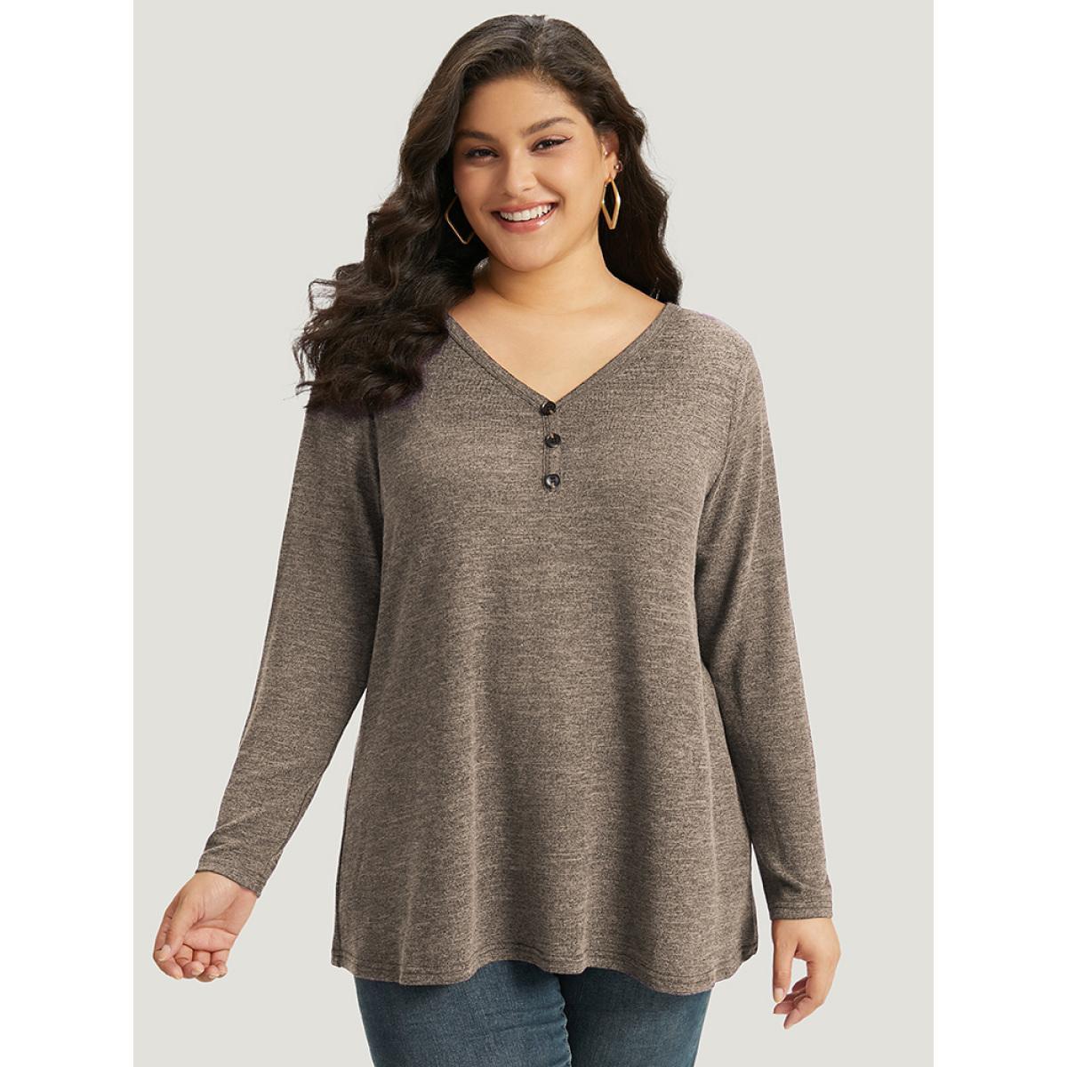 Plus Size Heather Button Up Long Sleeve T-shirt LightBrown Women Casual Heather Plain V-neck Everyday T-shirts BloomChic 26/4X Product Image