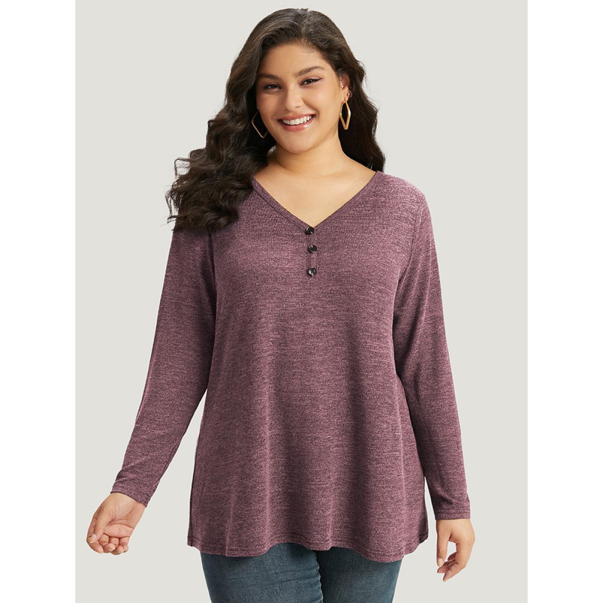 Plus Size Heather Button Up Long Sleeve T-shirt Emerald Women Casual Heather Plain V-neck Everyday T-shirts BloomChic 28/5X Product Image