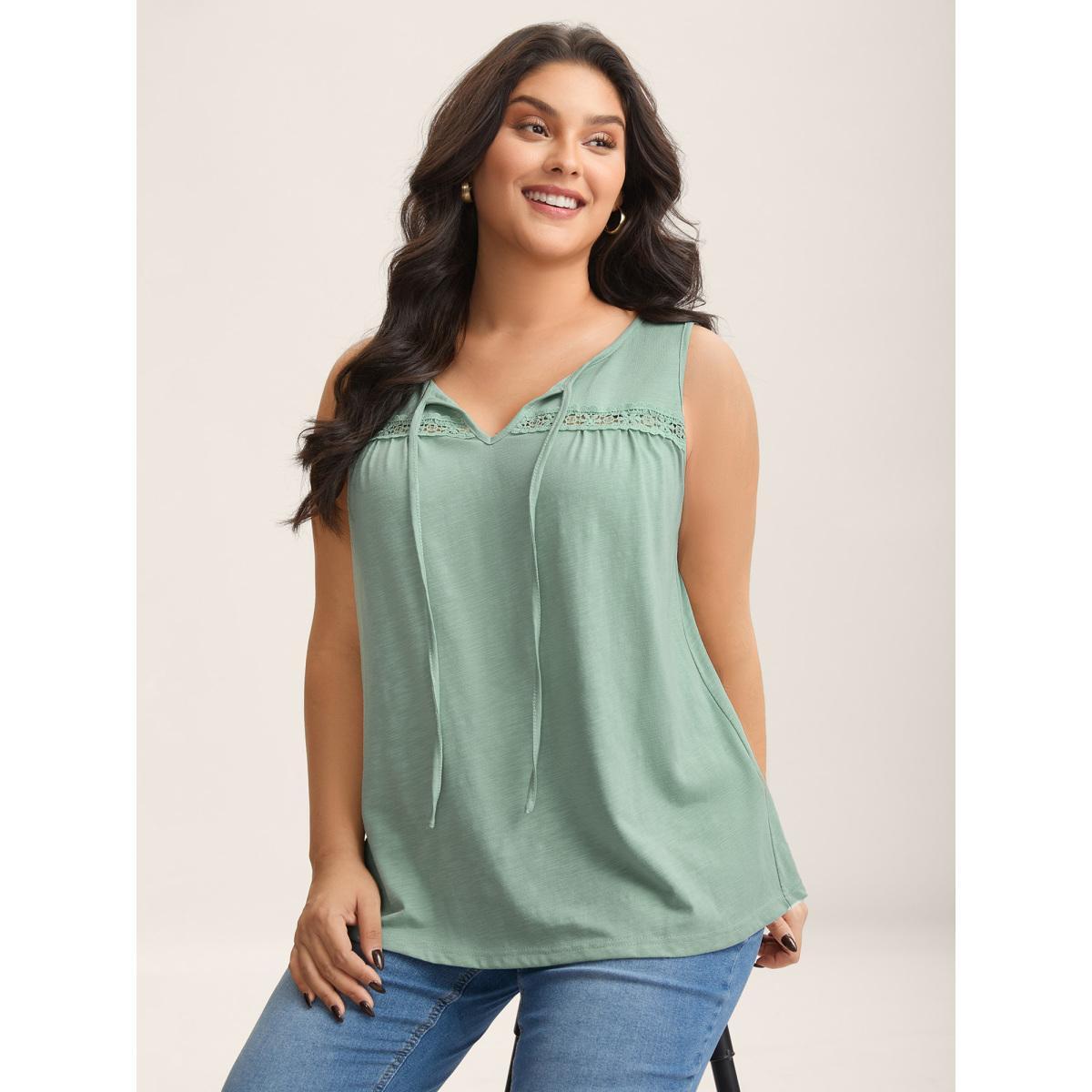 Plus Size Bamboo Cotton Stretchy Pleated Tank Top Women Greenbean Woven ribbon&lace trim Flat collar with V-notch Everyday-Elegant Tank Tops Camis BloomChic 28/5X Product Image