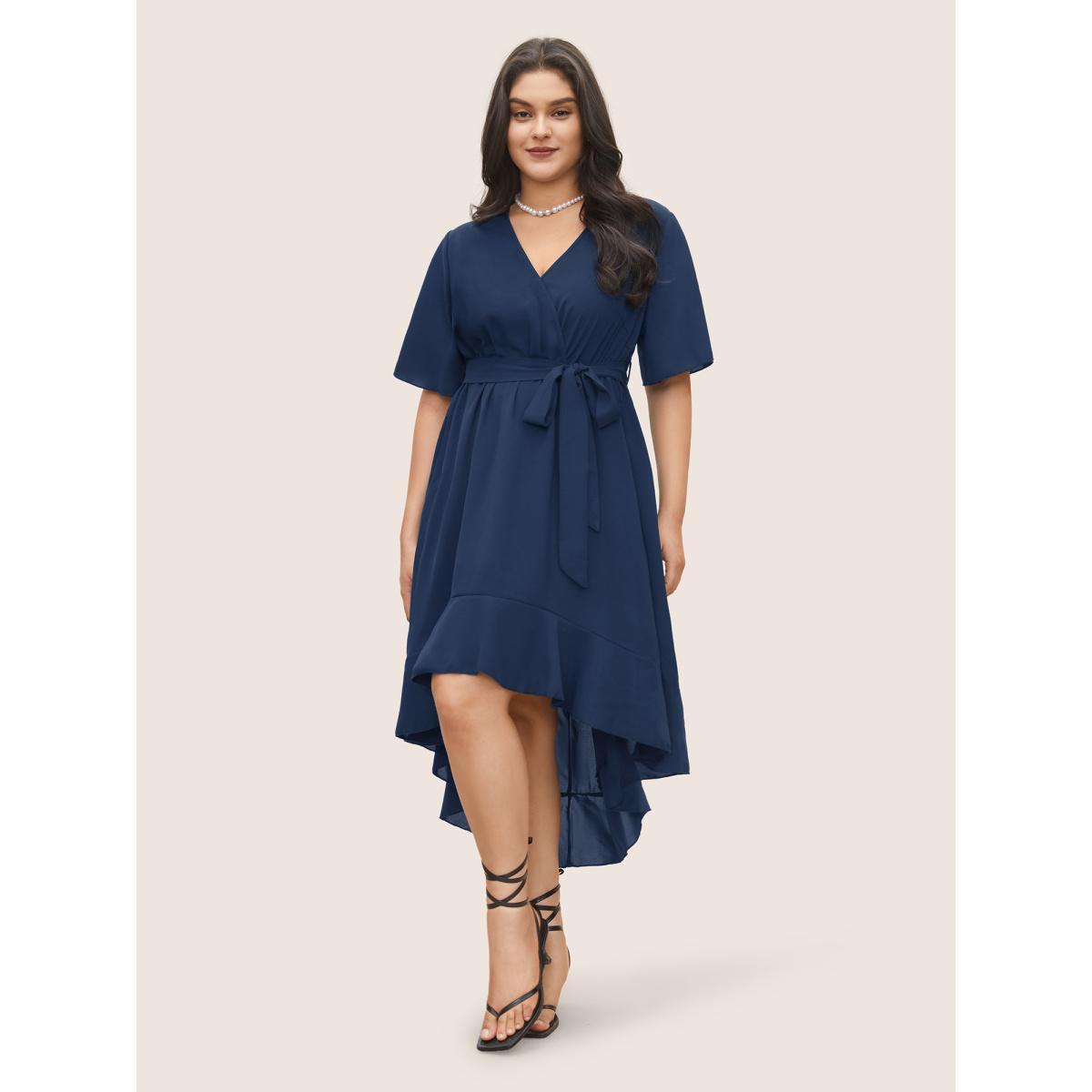 Plus Size Bloom Dress - Solid Tie Surplice Ruffle High Low Dress DarkBlue Women Elegant Cross straps V-neck Short sleeve Curvy Midi Dress BloomChic 22/3X Product Image