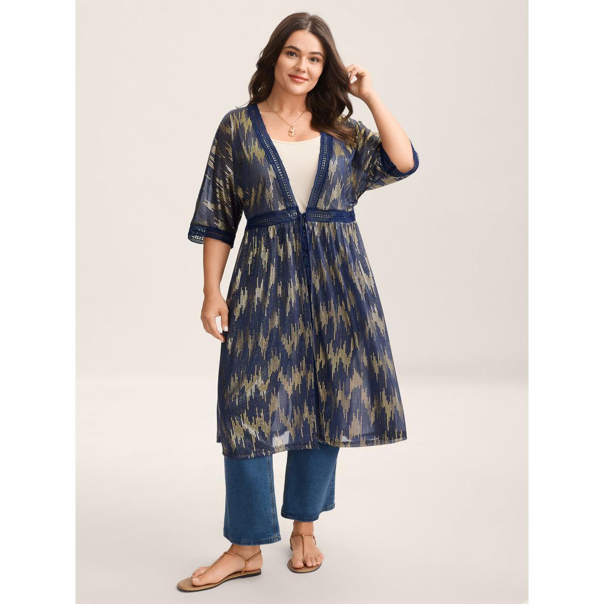 Plus Size Glitter Tassels Webbed Open Front Kimono Women Indigo Woven ribbon&lace trim Vacation Kimonos BloomChic 10/M Product Image
