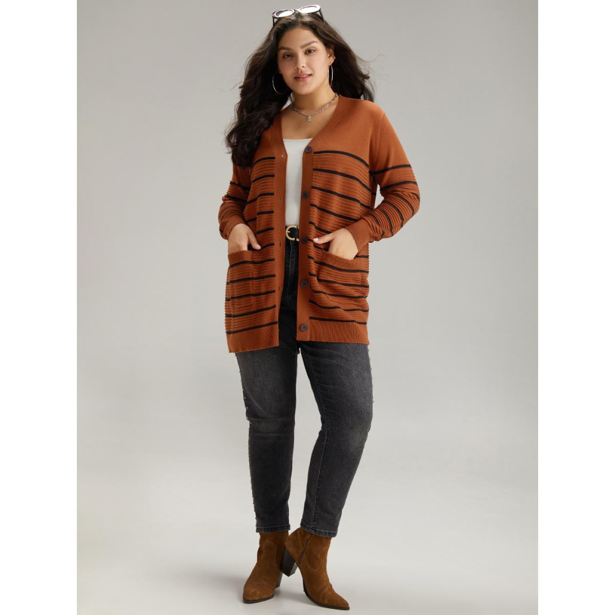 Plus Size Striped Button Down Patched Pocket Cardigan Rust Women Casual Loose Long Sleeve Everyday Cardigans BloomChic 22-24/3X Product Image