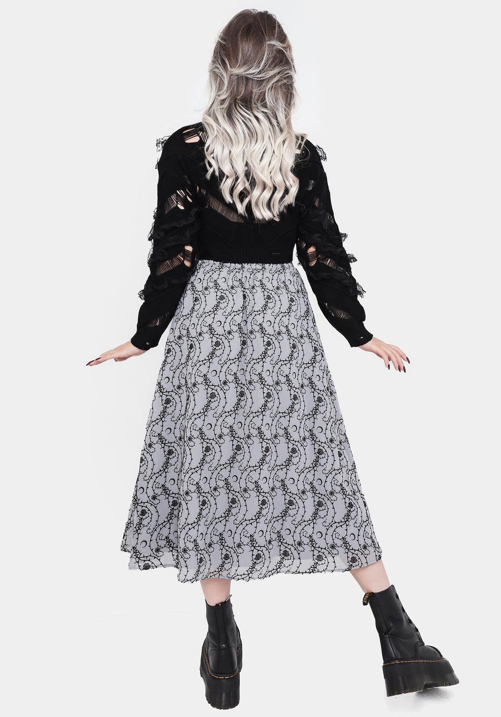 Rosethorn Flocked Velour Chiffon Ruffle Midi Skirt - Blue Product Image