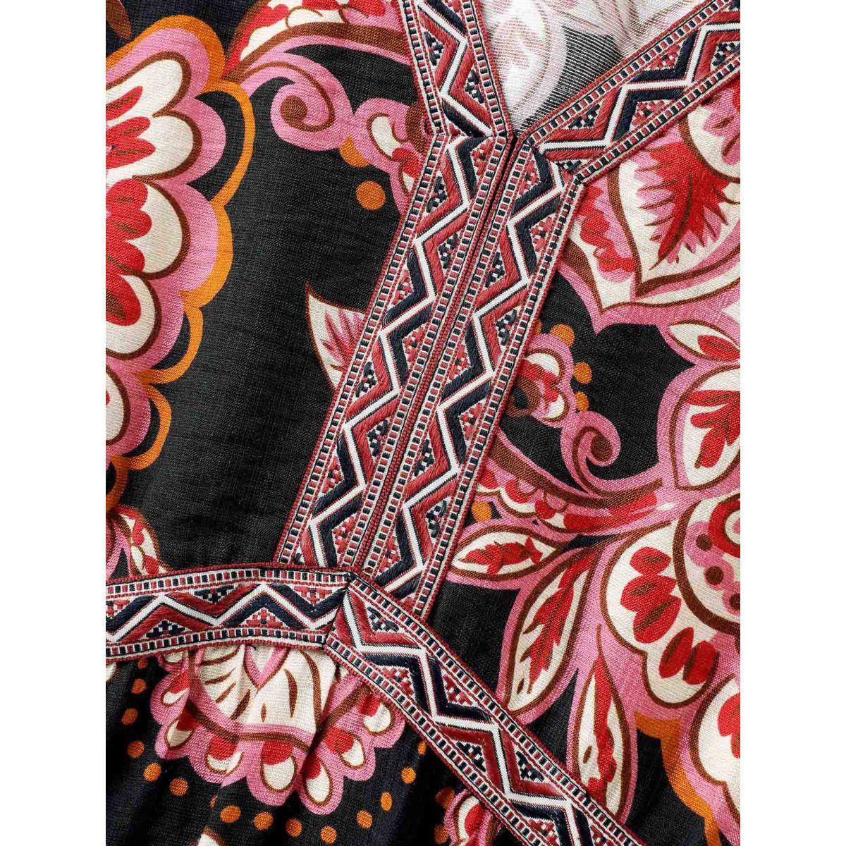 Plus Size Paisley Print Stretchy Waist Pockets Midi Dress BlackFlower Women V-neck Short sleeve Curvy BloomChic 18-20/2X Product Image