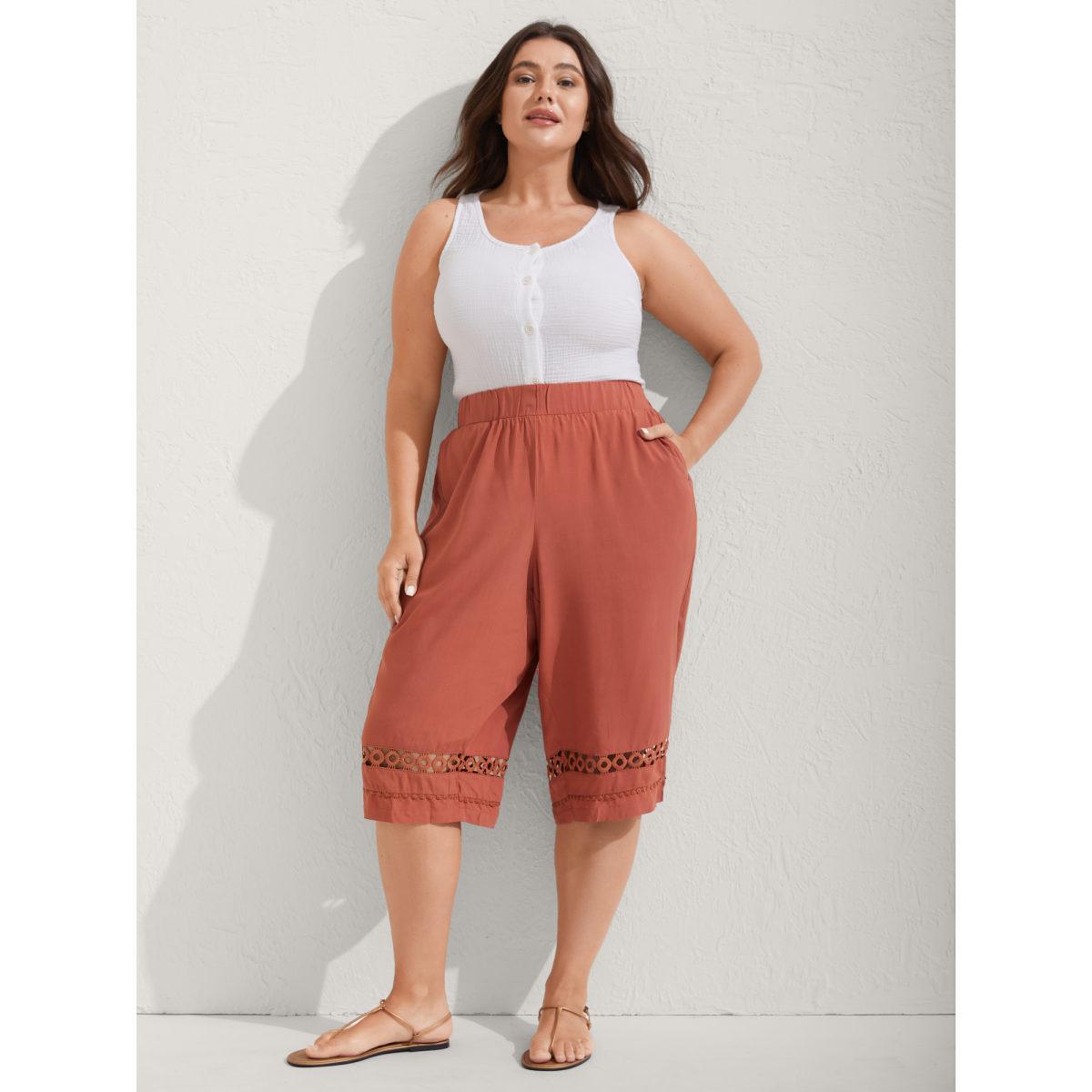 Plus Size Lace Trim Plain Straight-Leg Pants Women Rust Resort Straight Leg Mid Rise Vacation Pants BloomChic 12/L Product Image