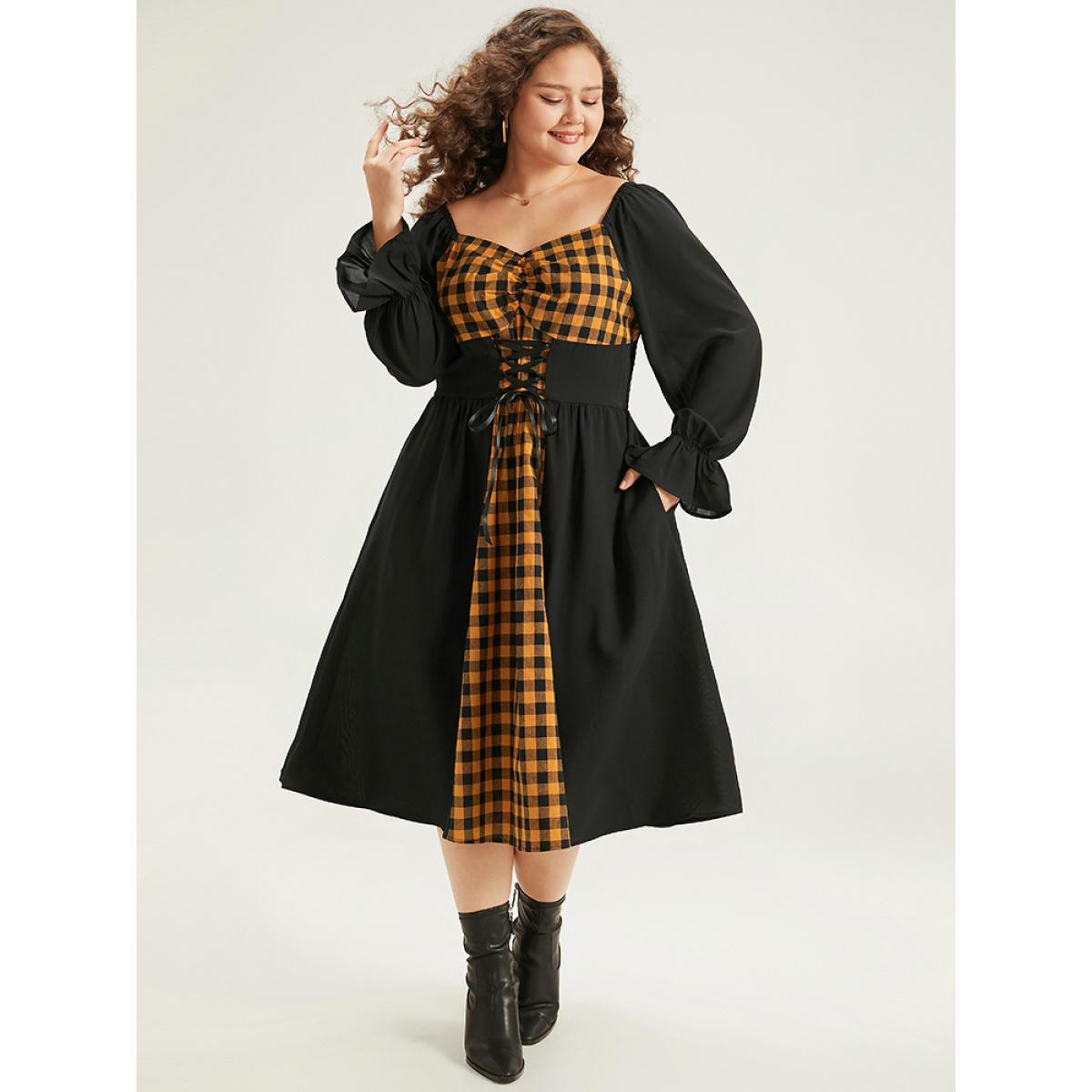 Plus Size Halloween Gingham Patchwork Ruched Ties Dress Black Women Casual Cross straps Square Neck Long Sleeve Curvy Midi Dress BloomChic 14-16/1X Product Image