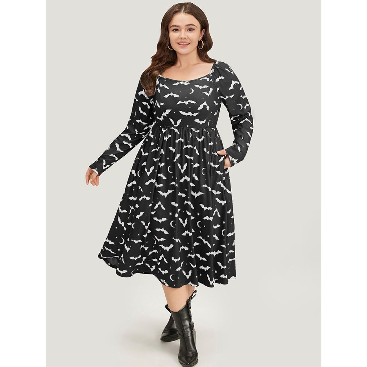 Plus Size Halloween Bat Print Pocket Square Neck Dress Black Women Casual Gathered Square Neck Long Sleeve Curvy Midi Dress BloomChic 14-16/1X Product Image