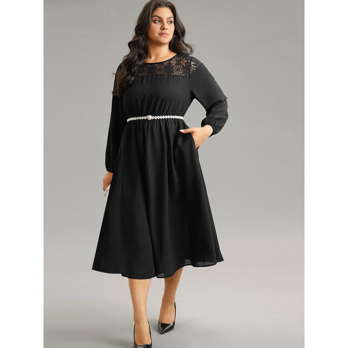Plus Size Lace Panel Patchwork Lantern Sleeve Dress Black Women At the Office Elastic cuffs Round Neck Long Sleeve Curvy Midi Dress BloomChic 10/M Product Image