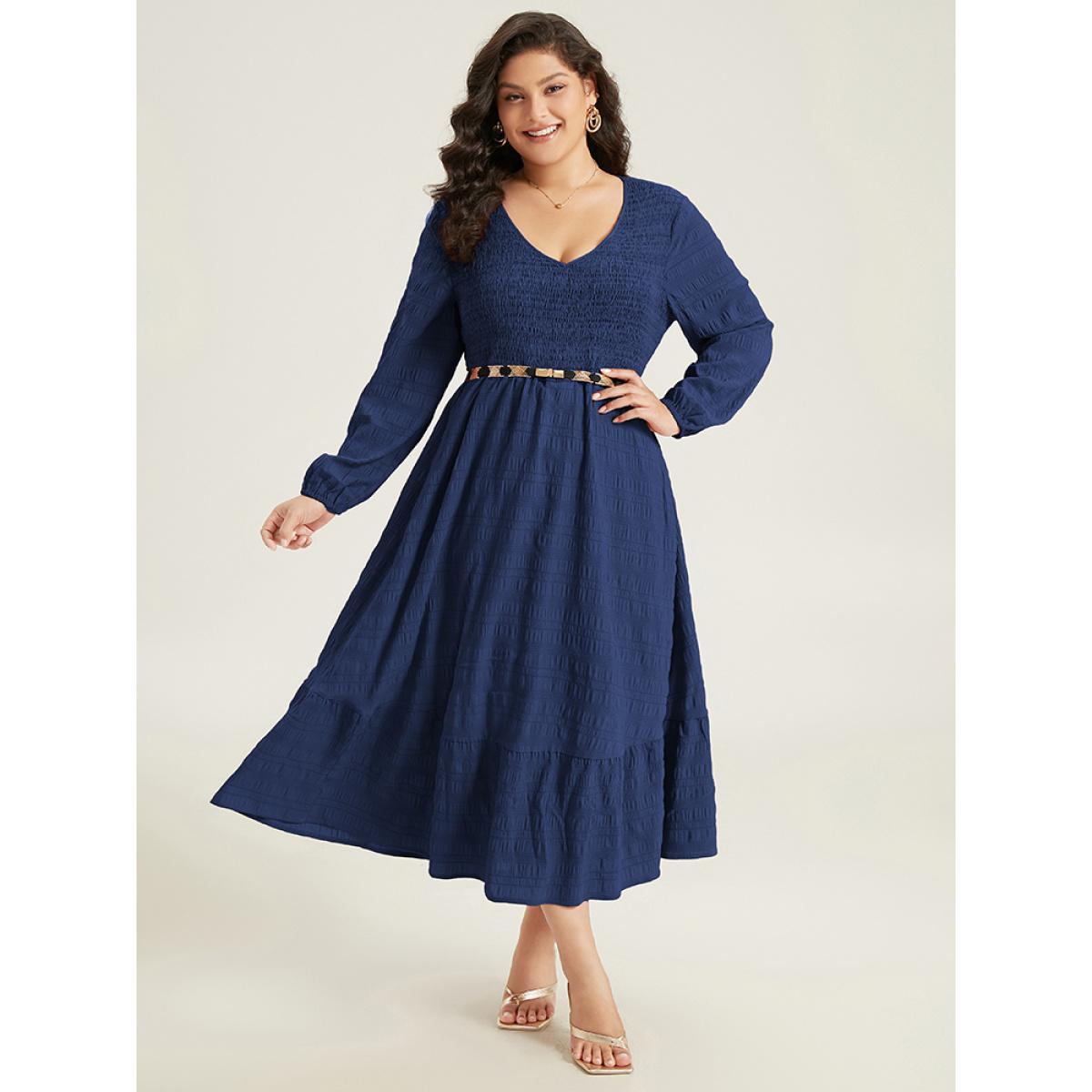 Plus Size Solid Shirred Plisse Flutter Hem Dress DarkBlue Women Elegant Elastic cuffs V-neck Long Sleeve Curvy Midi Dress BloomChic 30/6X Product Image