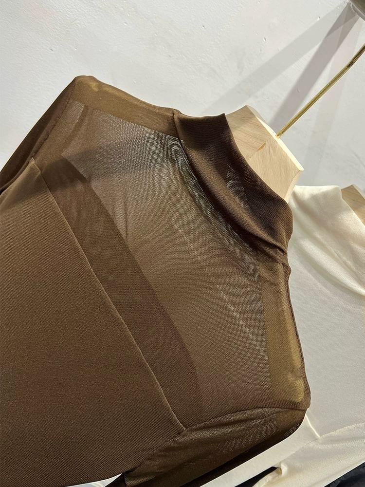Long-Sleeve Turtleneck Plain Mesh Panel Slim Fit Top Product Image