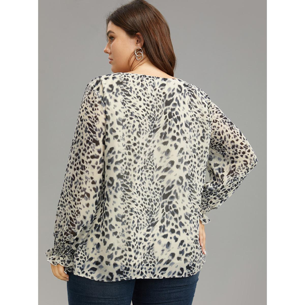 Plus Size Apricot Leopard Print Lace Up Shirred Blouse Women Elegant Long Sleeve V-neck Dailywear Blouses BloomChic 30/6X Product Image