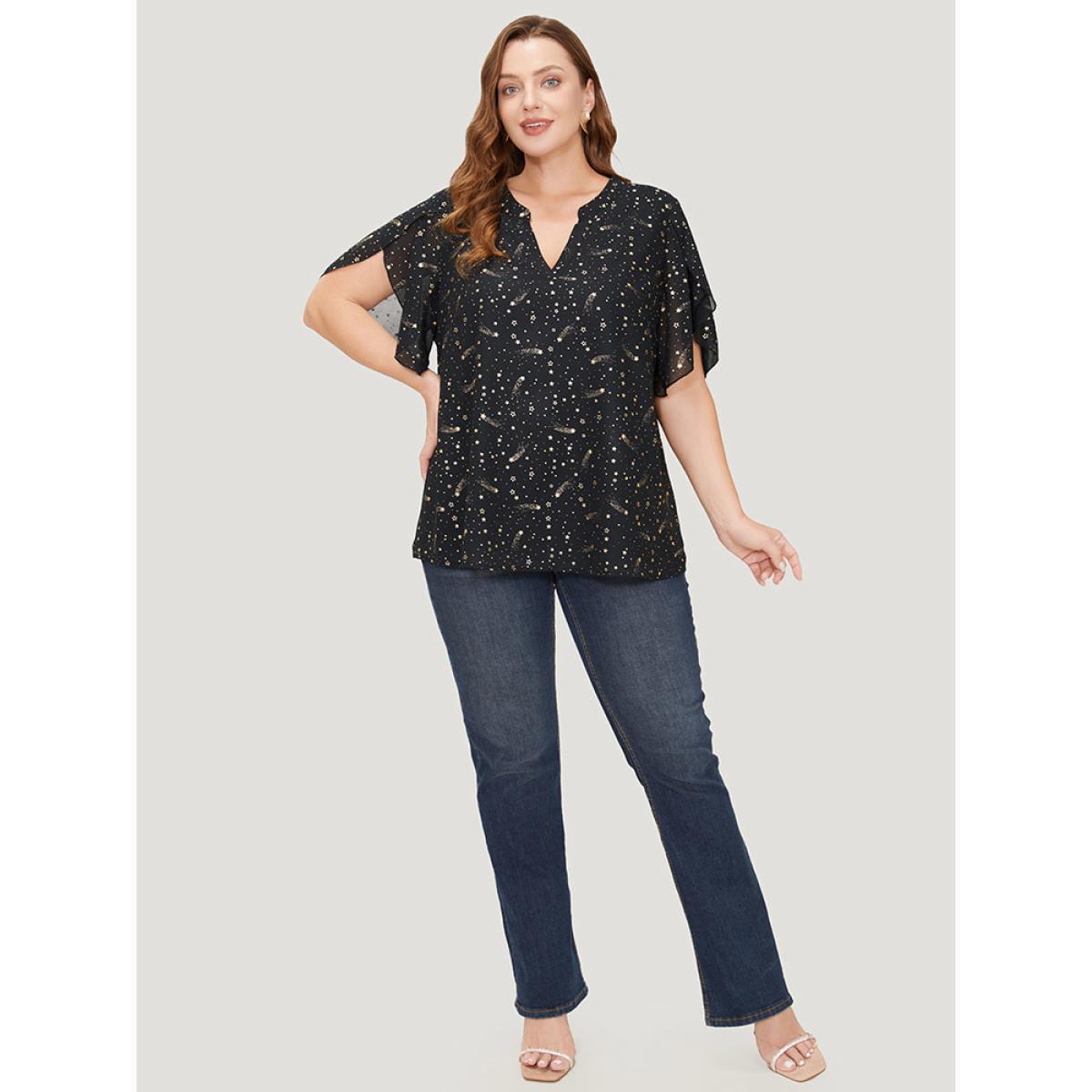 Plus Size Black Glitter Star Print Notched Split Petal Sleeve Blouse Women Glamour Short sleeve Notched collar Going out Blouses BloomChic 18-20/2X Product Image
