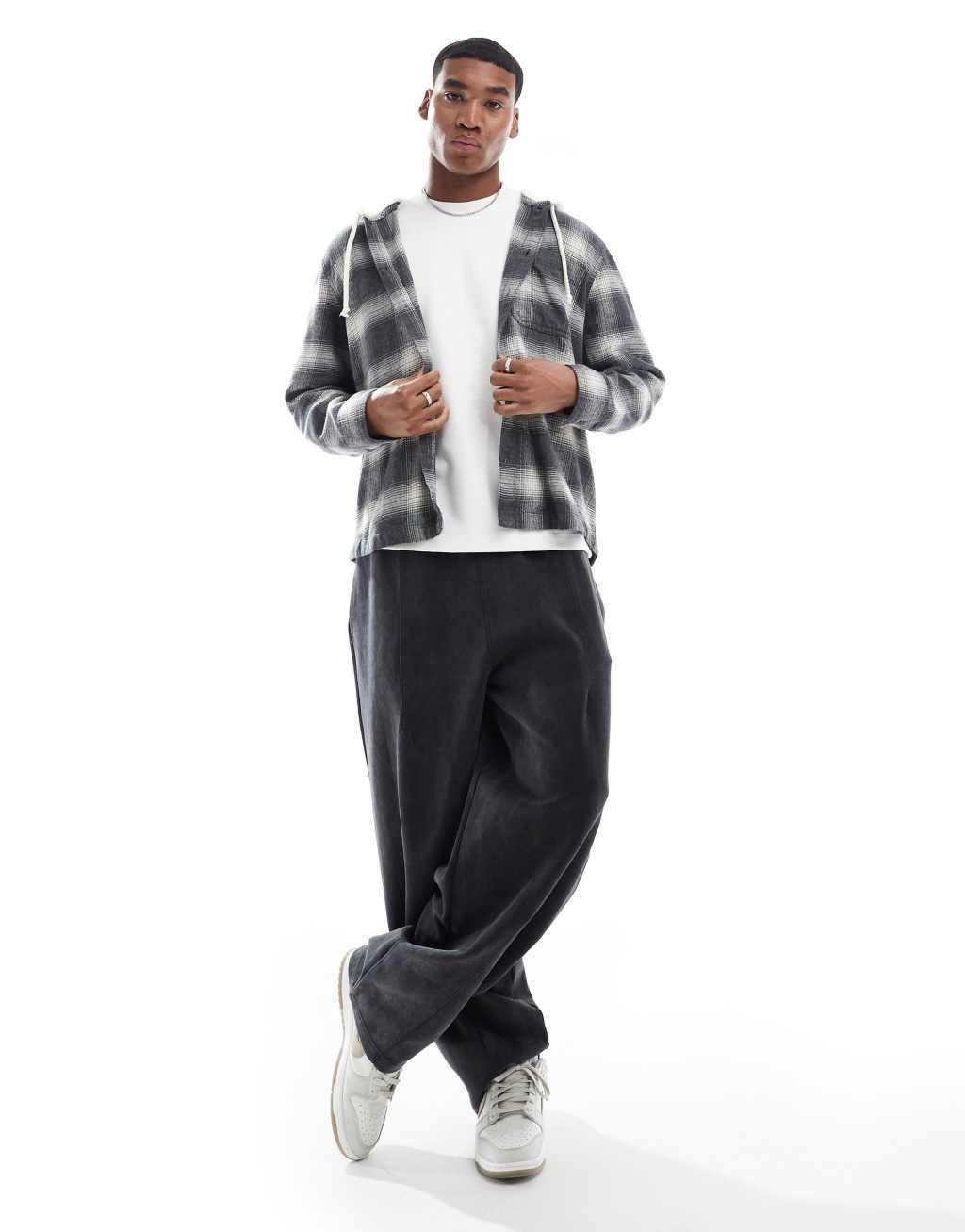 Hollister long sleeve hooded flannel shirt in gray plaid print Product Image