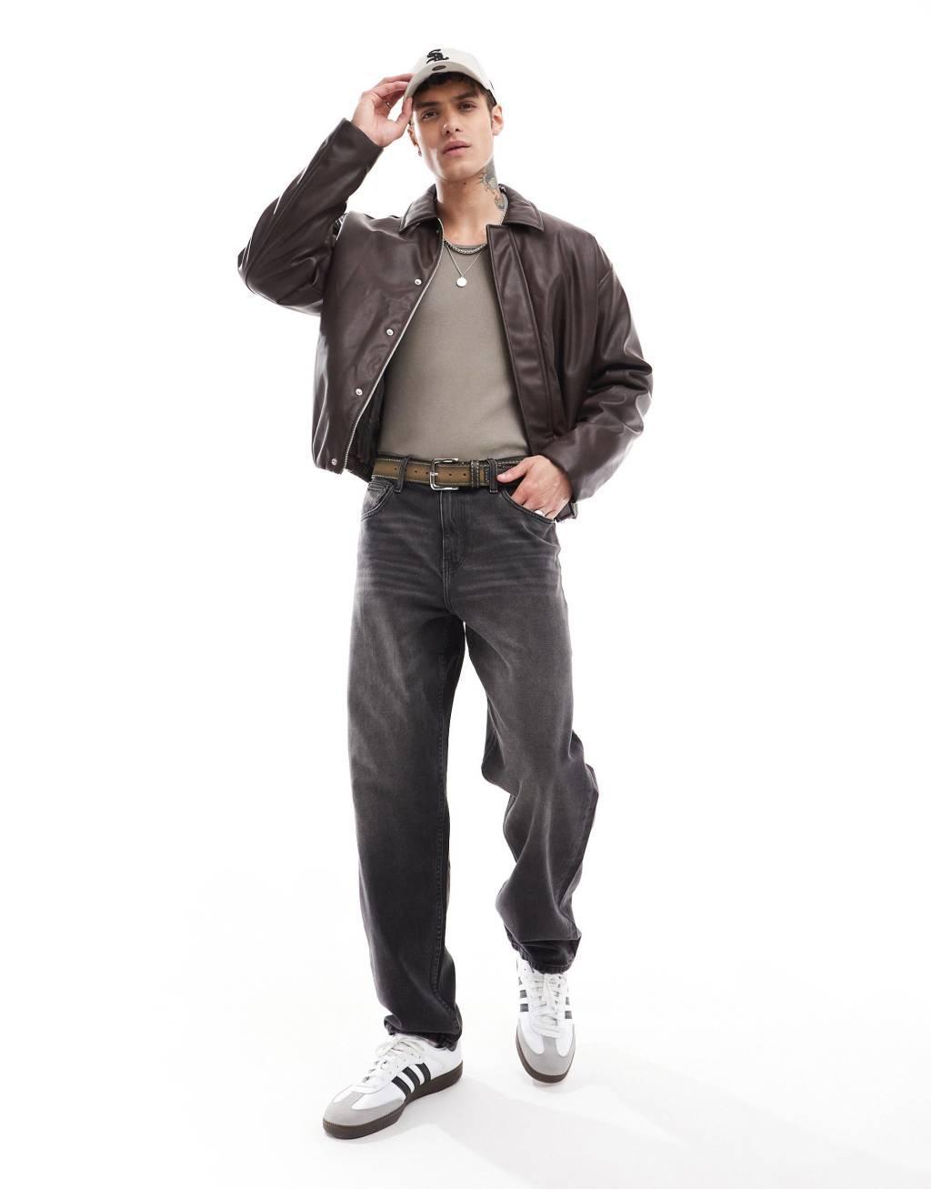 ASOS DESIGN faux leather oversized bomber jacket in brown Product Image