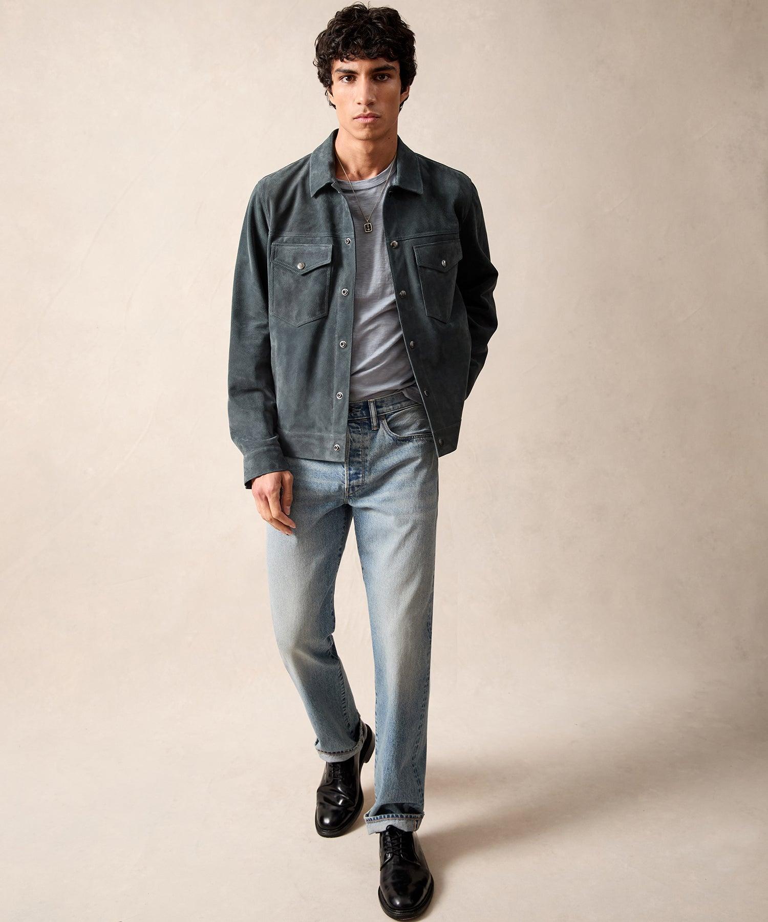 Italian Suede Snap Dylan Jacket in Blue Metal Product Image