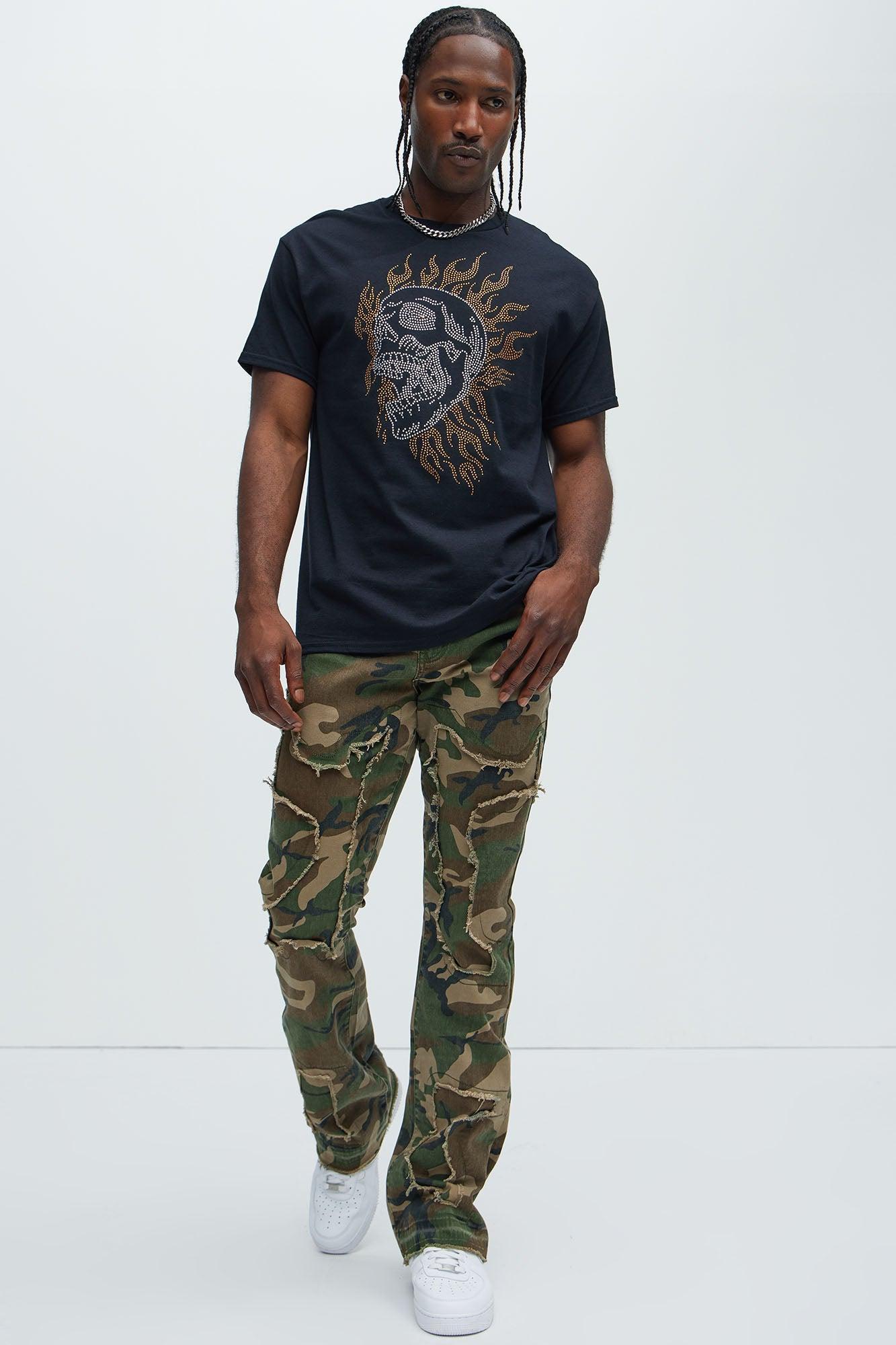 Coming Sideways Fray Stacked Skinny Flare Pants - Camouflage Product Image